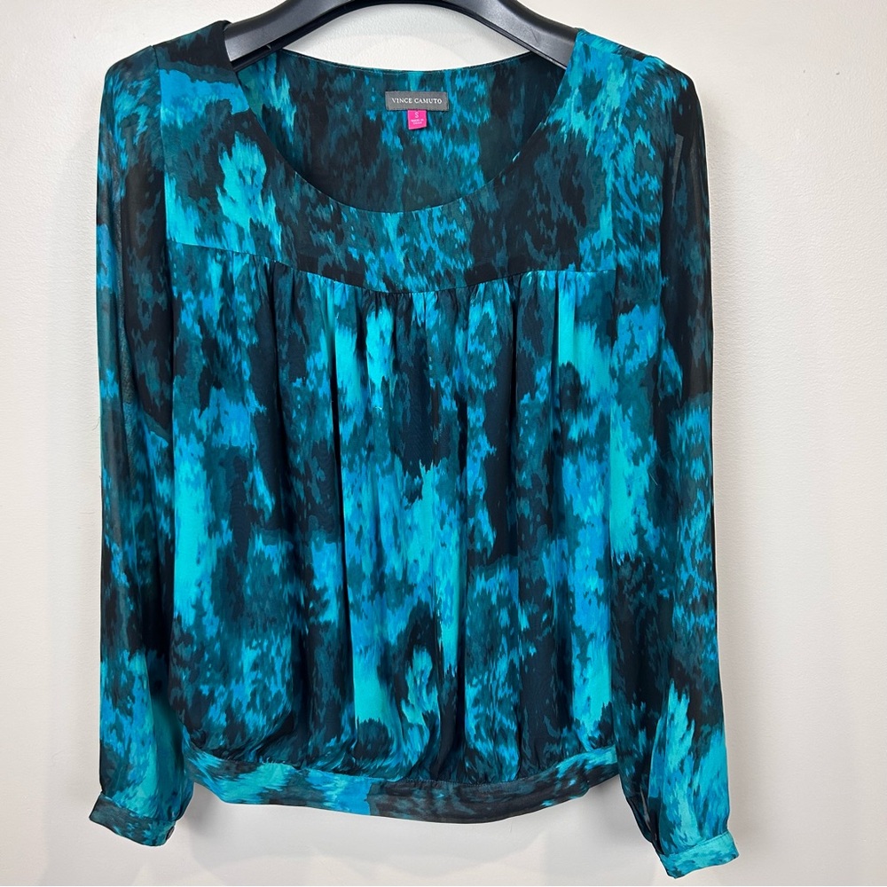 Vince Camuto Sz S Womens Watercolor Floral Print‎ Blouse Peasant Top Elastic Hem
